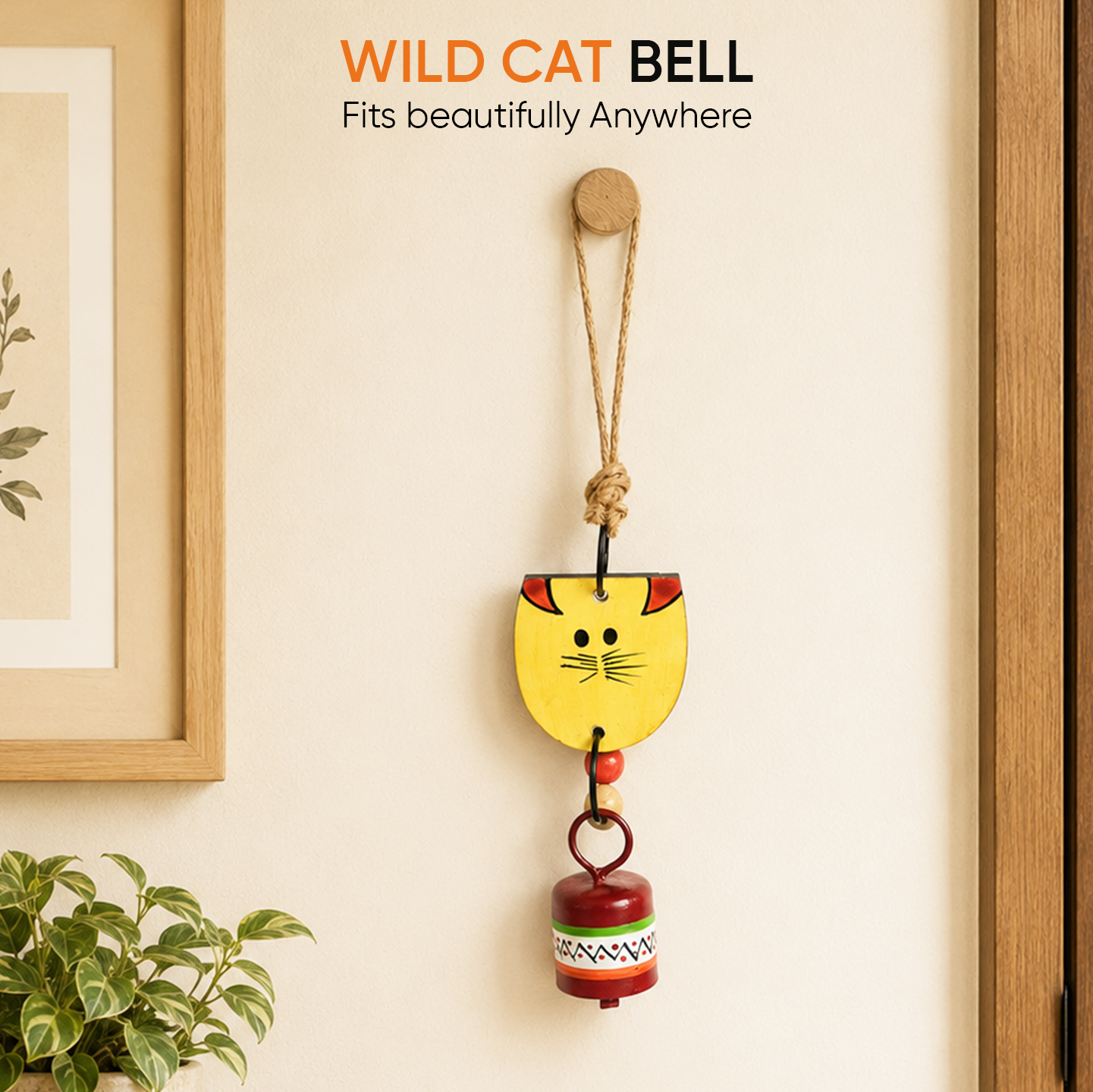 Aakriti Art Creations Handpainted Yellow Wild Cat Wind Chimes with Metal Bell for Outdoor Hanging and Home Decoration