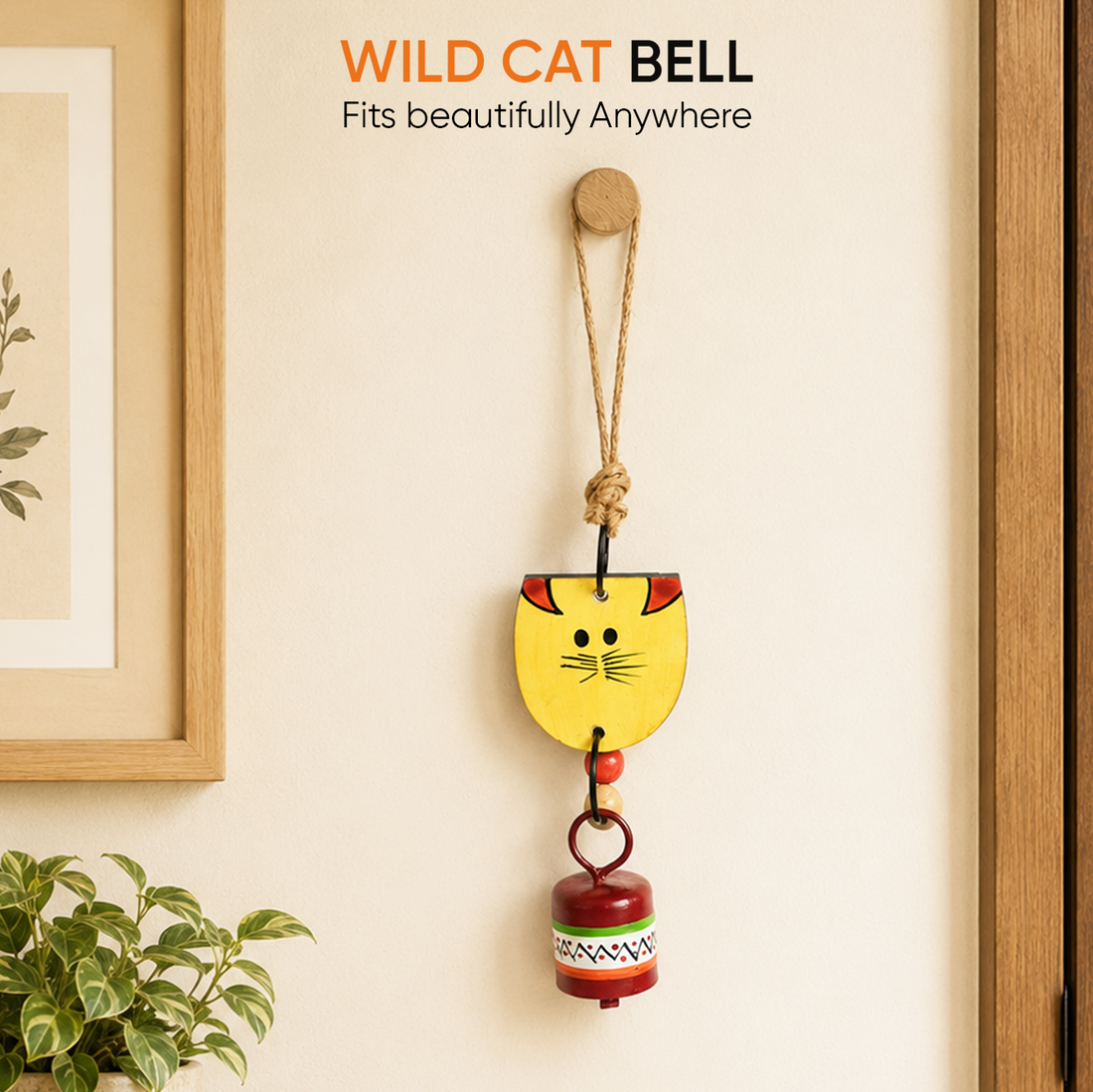 Aakriti Art Creations Handpainted Yellow Wild Cat Wind Chimes with Metal Bell for Outdoor Hanging and Home Decoration