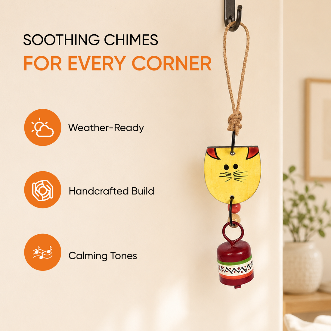 Aakriti Art Creations Handpainted Yellow Wild Cat Wind Chimes with Metal Bell for Outdoor Hanging and Home Decoration