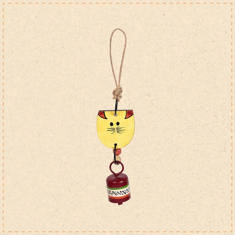 Aakriti Art Creations Handpainted Yellow Wild Cat Wind Chimes with Metal Bell for Outdoor Hanging and Home Decoration