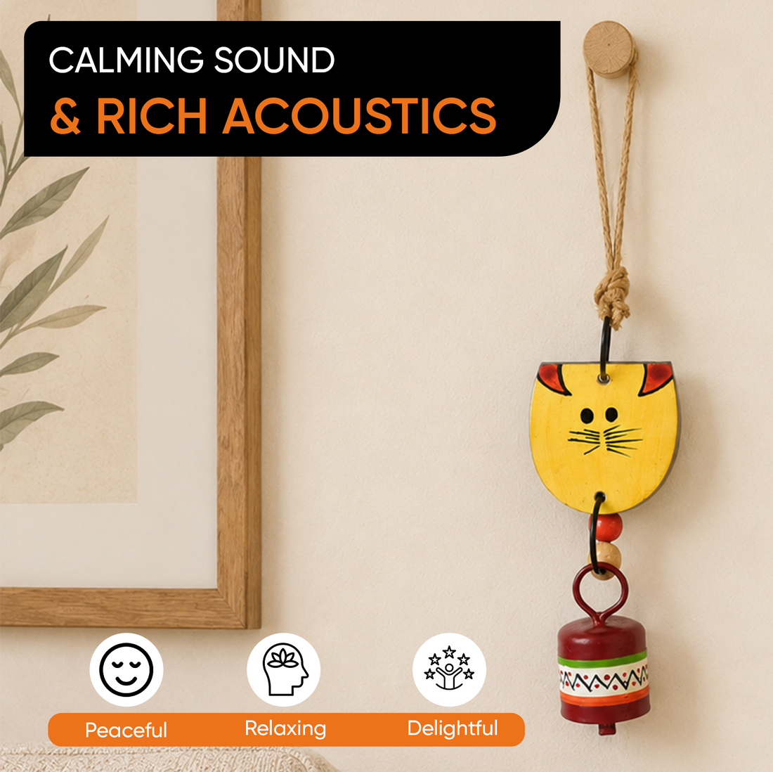 Aakriti Art Creations Handpainted Yellow Wild Cat Wind Chimes with Metal Bell for Outdoor Hanging and Home Decoration