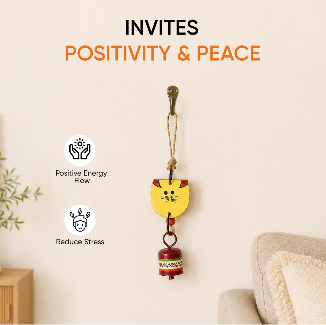 Aakriti Art Creations Handpainted Yellow Wild Cat Wind Chimes with Metal Bell for Outdoor Hanging and Home Decoration