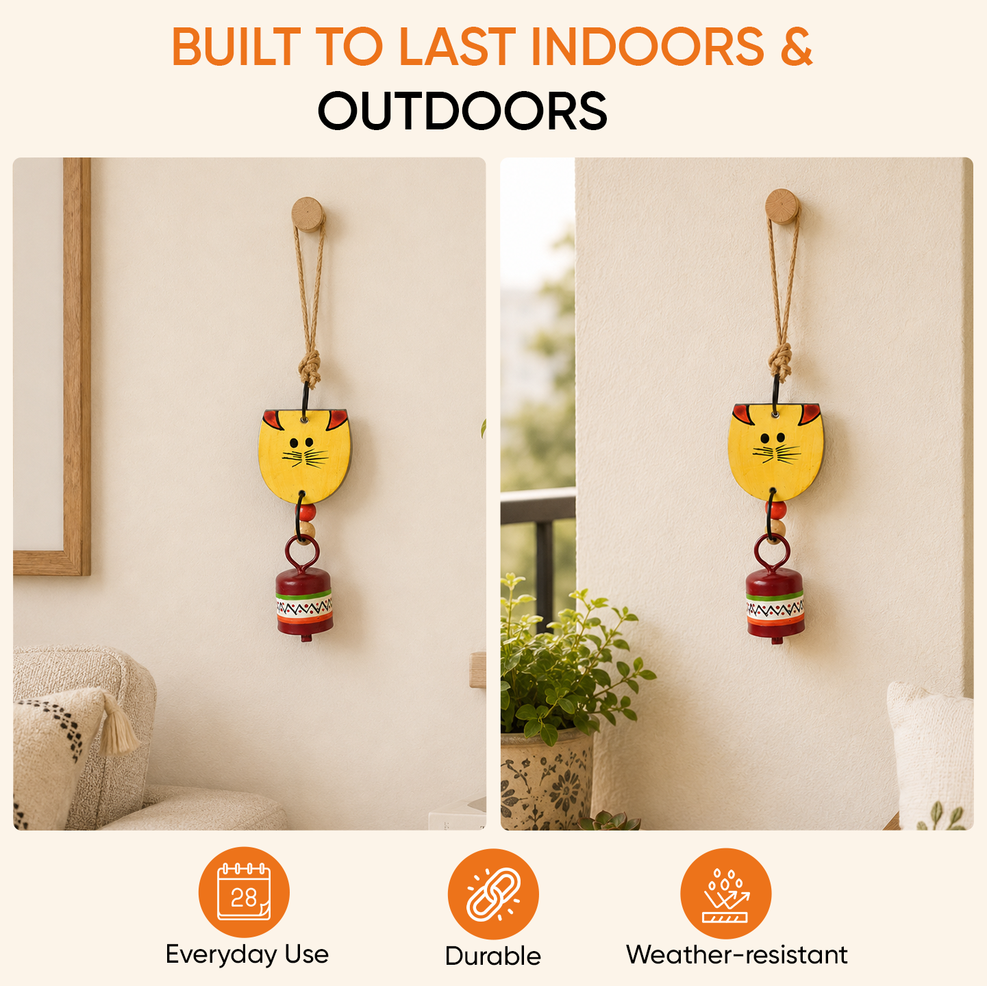 Aakriti Art Creations Handpainted Yellow Wild Cat Wind Chimes with Metal Bell for Outdoor Hanging and Home Decoration
