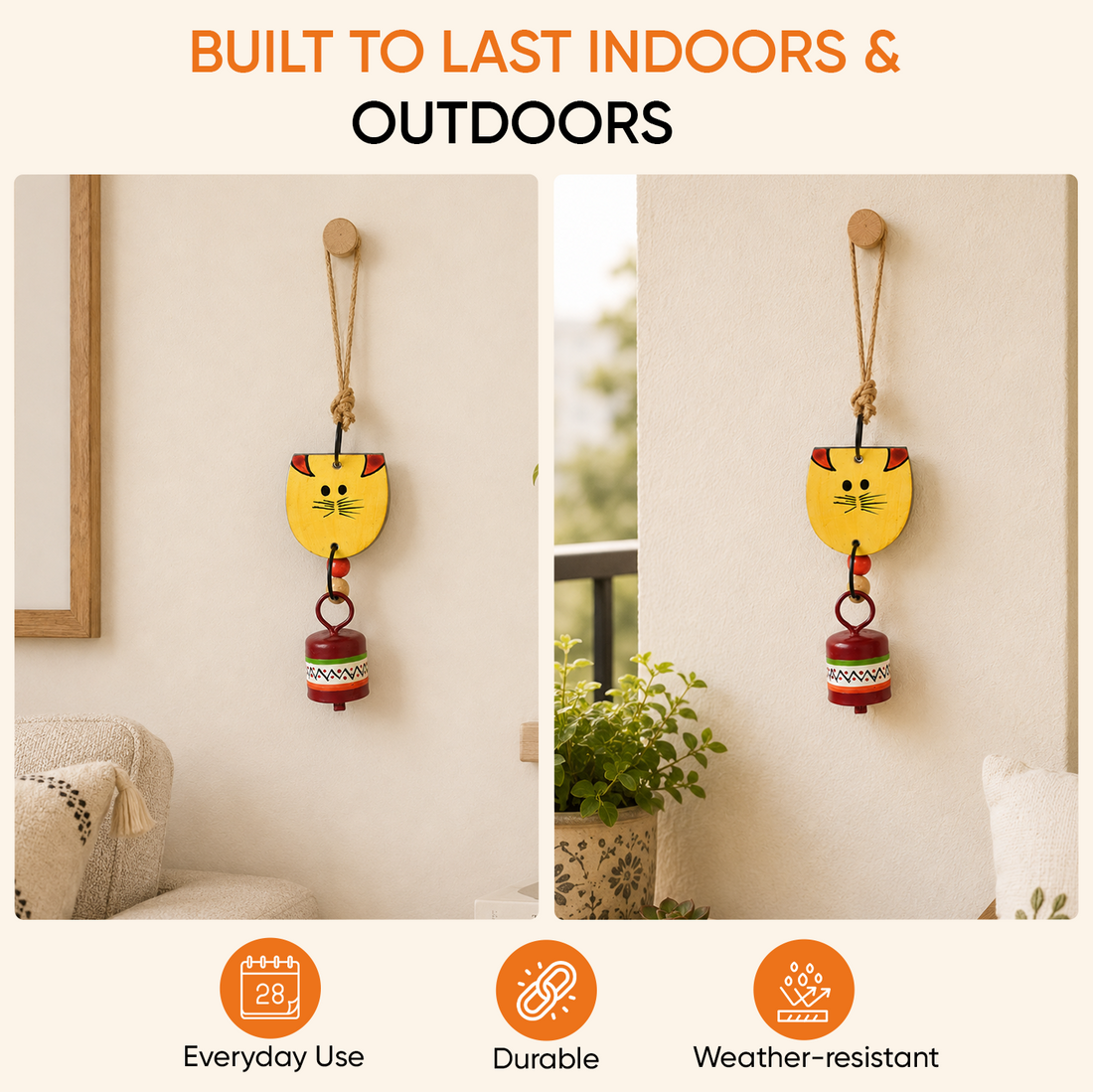 Aakriti Art Creations Handpainted Yellow Wild Cat Wind Chimes with Metal Bell for Outdoor Hanging and Home Decoration