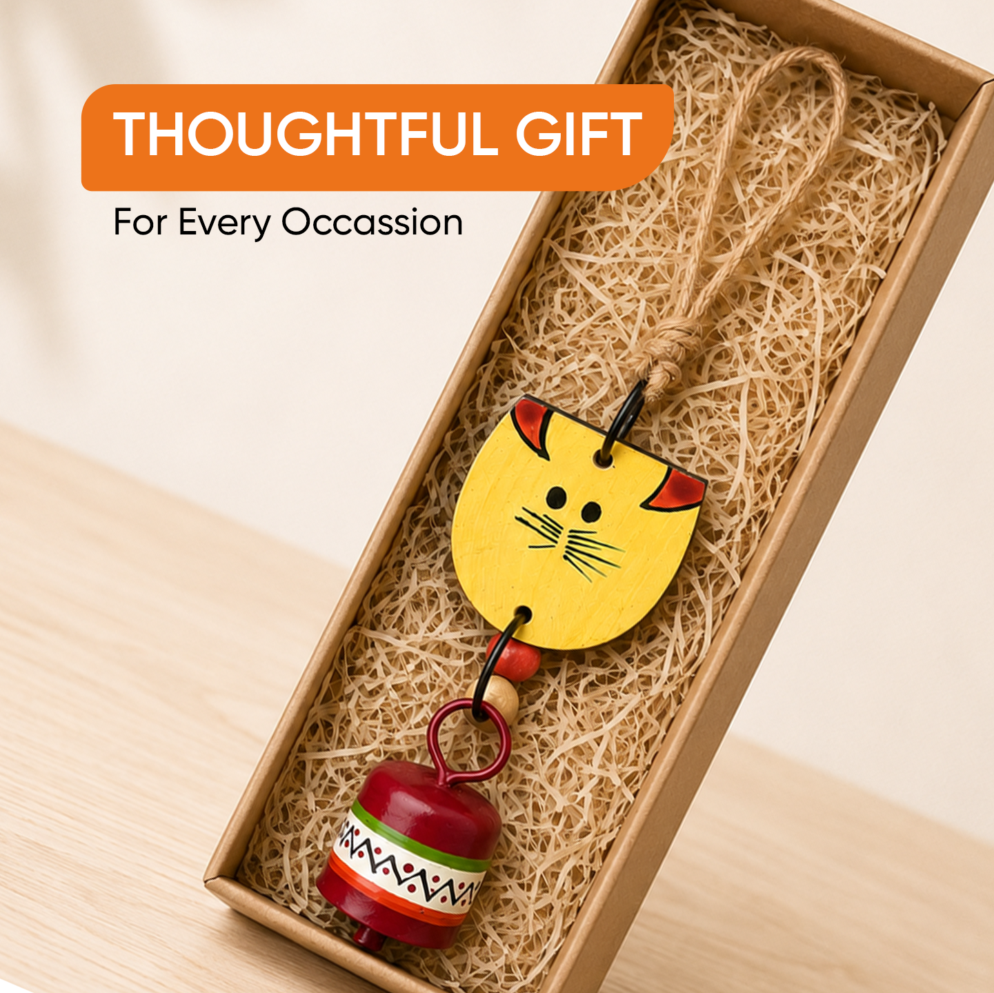 Aakriti Art Creations Handpainted Yellow Wild Cat Wind Chimes with Metal Bell for Outdoor Hanging and Home Decoration