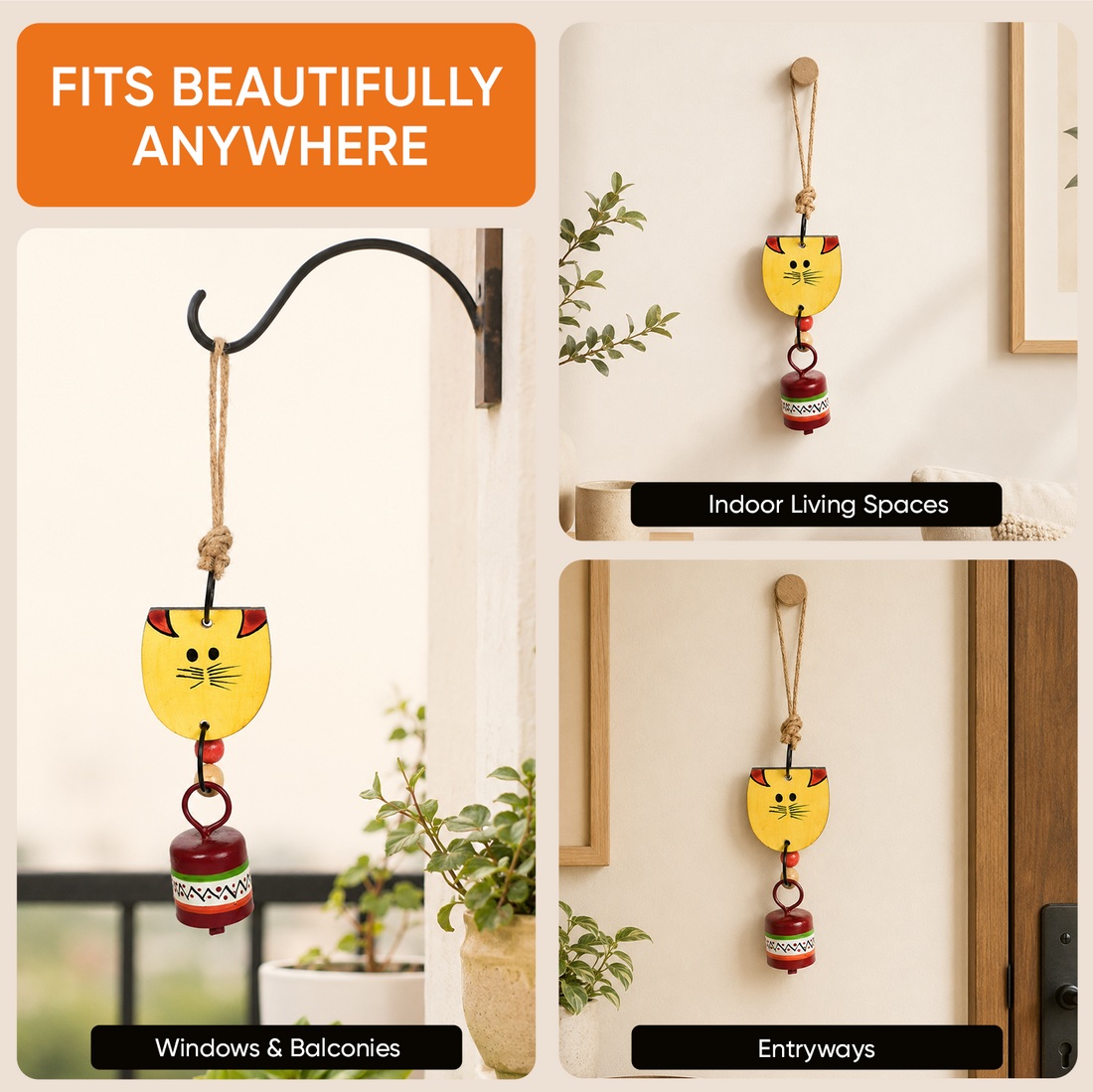 Aakriti Art Creations Handpainted Yellow Wild Cat Wind Chimes with Metal Bell for Outdoor Hanging and Home Decoration