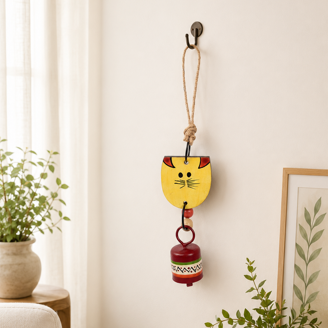 Aakriti Art Creations Handpainted Yellow Wild Cat Wind Chimes with Metal Bell for Outdoor Hanging and Home Decoration