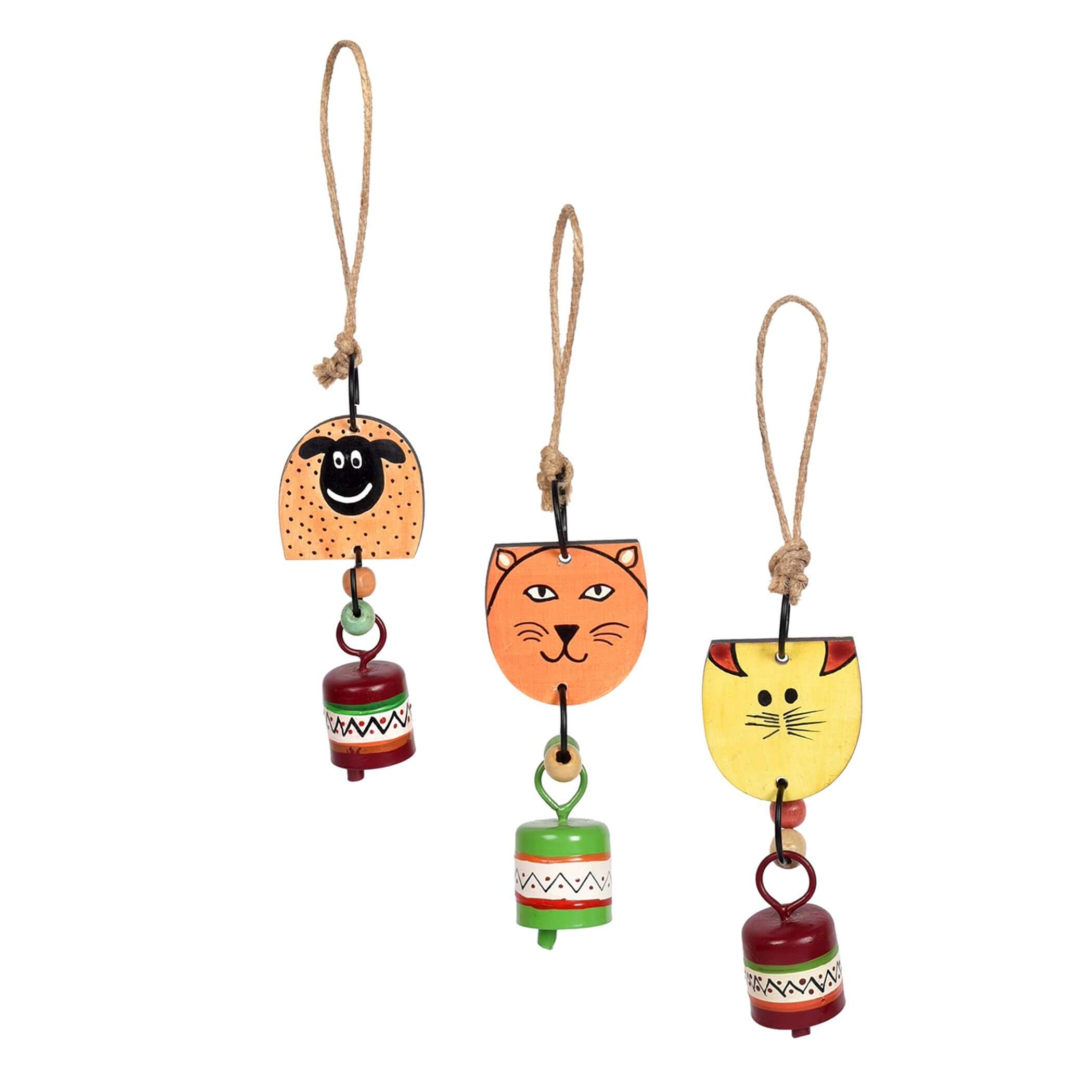 Zuki Trio - Hand-Painted Wooden Animal Hanging Bells (Set of 3)