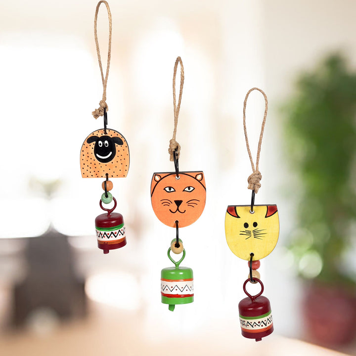 Zuki Trio - Hand-Painted Wooden Animal Hanging Bells (Set of 3)