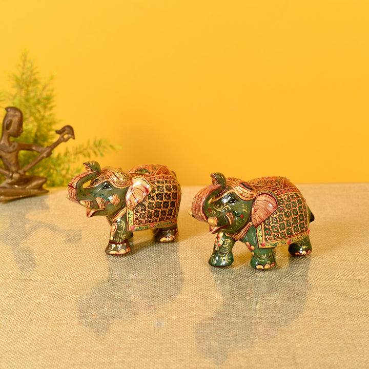 Hancarved Elephants In Jade Stone Set of 2 (M)