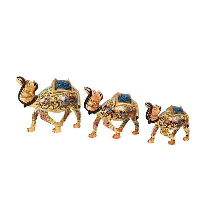 Hand carved Family of Camels Set of 3 (Blue)