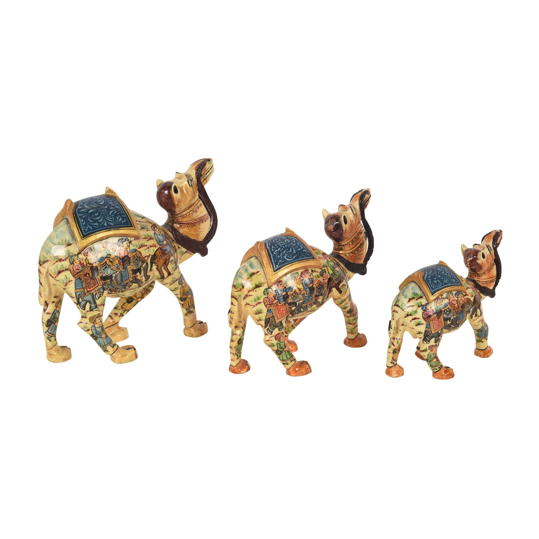 Hand carved Family of Camels Set of 3 (Blue)