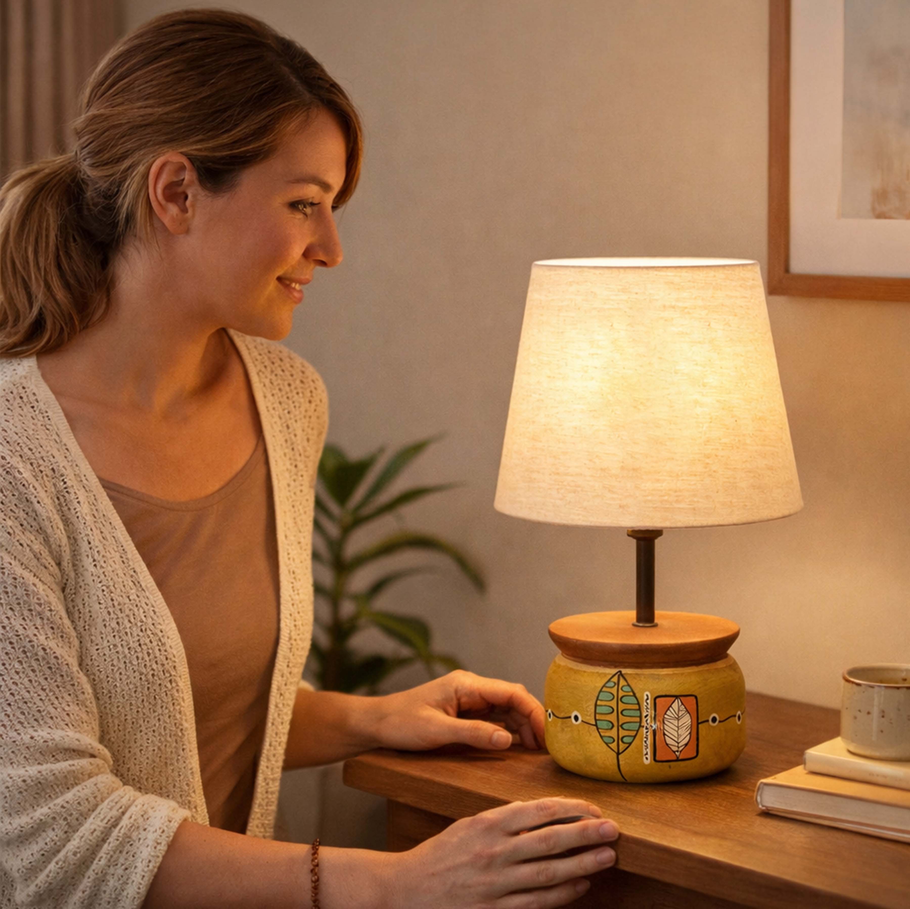 Handcrafted Wooden Table Lamp with Round Base and Fabric Shade, Decorative Bedside and Living Room Lighting