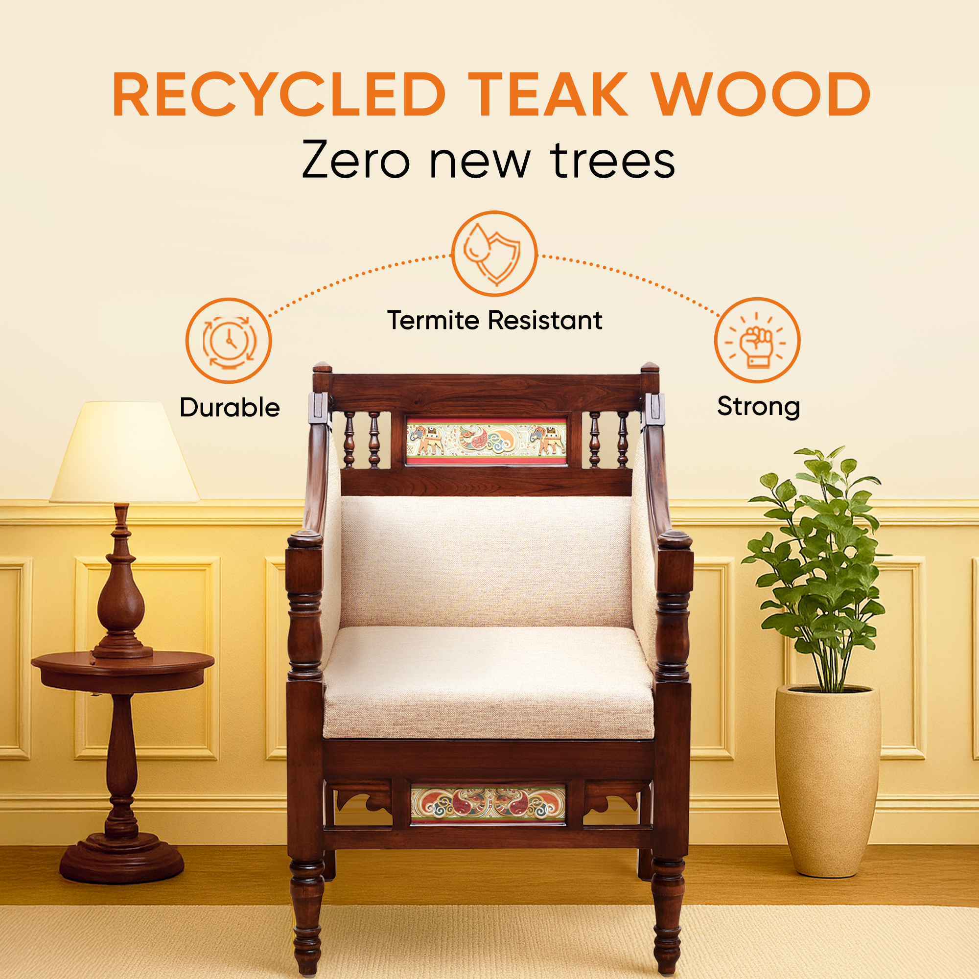 Maharani Single Seater Sofa in Teakwood with Walnut Finish adorned with Tribal Paintings