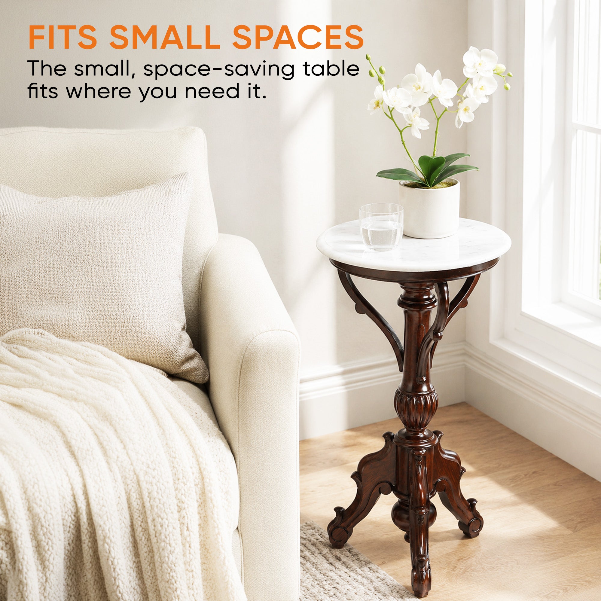 Faye End Table in Teakwood with Walnut Finish and Round Marble Top (15.5x15.5x29)