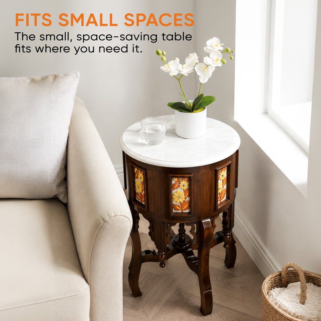 Fiama End Table in Teakwood with Walnut Finish and Round Marble Top (18x18x24)