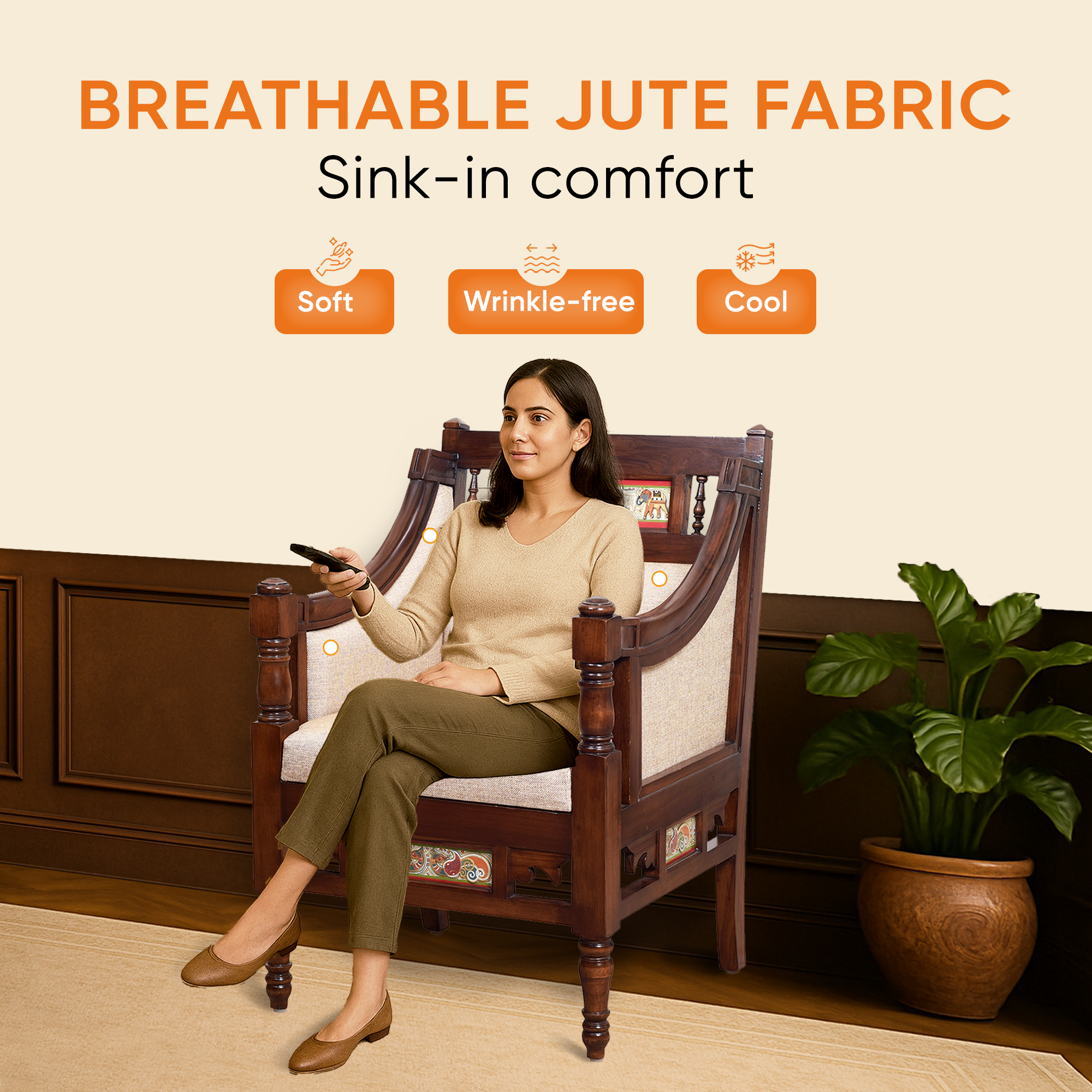 Maharani Single Seater Sofa in Teakwood with Walnut Finish adorned with Tribal Paintings