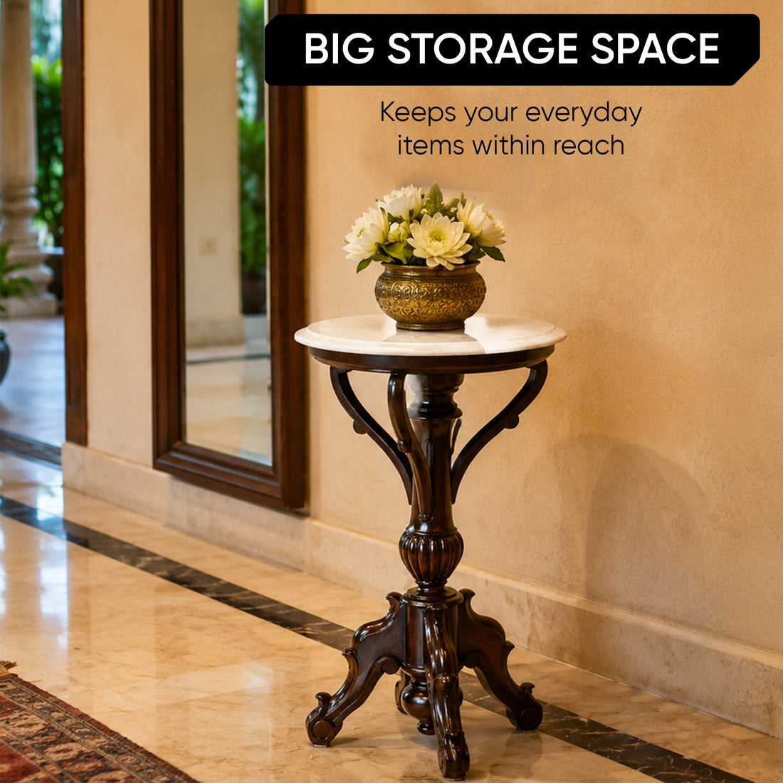 Faye End Table in Teakwood with Walnut Finish and Round Marble Top (15.5x15.5x29)