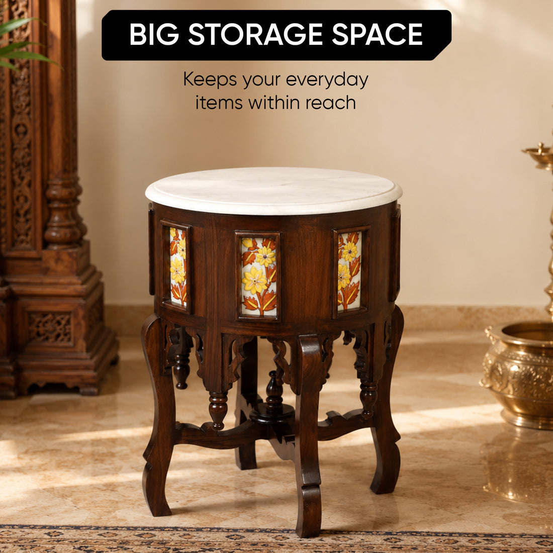 Fiama End Table in Teakwood with Walnut Finish and Round Marble Top (18x18x24)