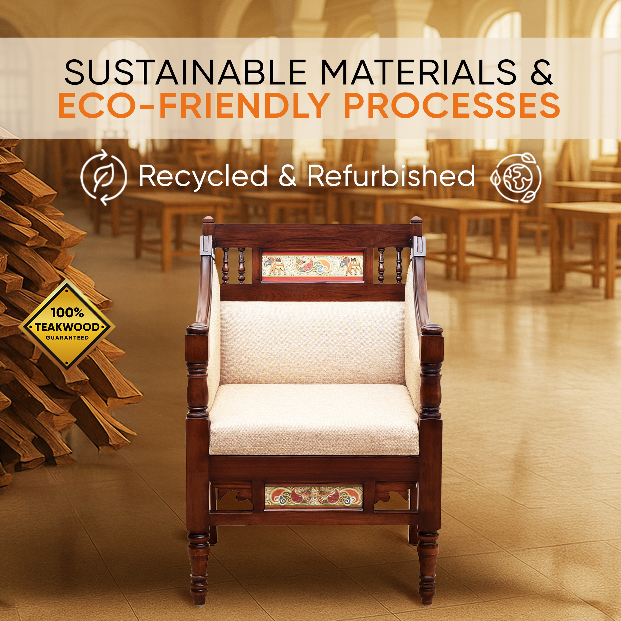 Maharani Single Seater Sofa in Teakwood with Walnut Finish adorned with Tribal Paintings