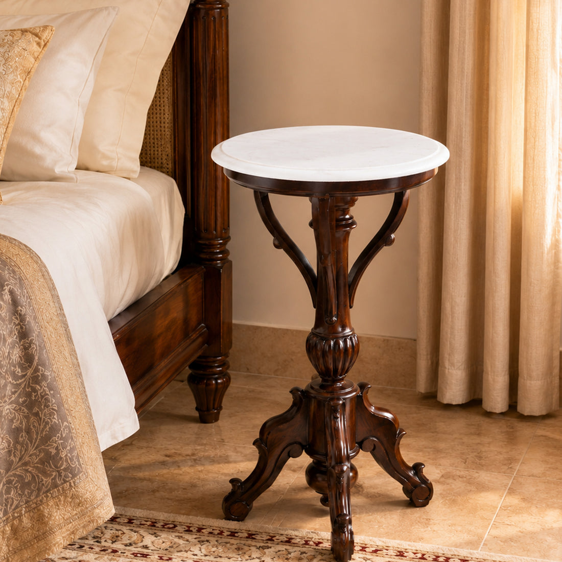 Faye End Table in Teakwood with Walnut Finish and Round Marble Top (15.5x15.5x29)