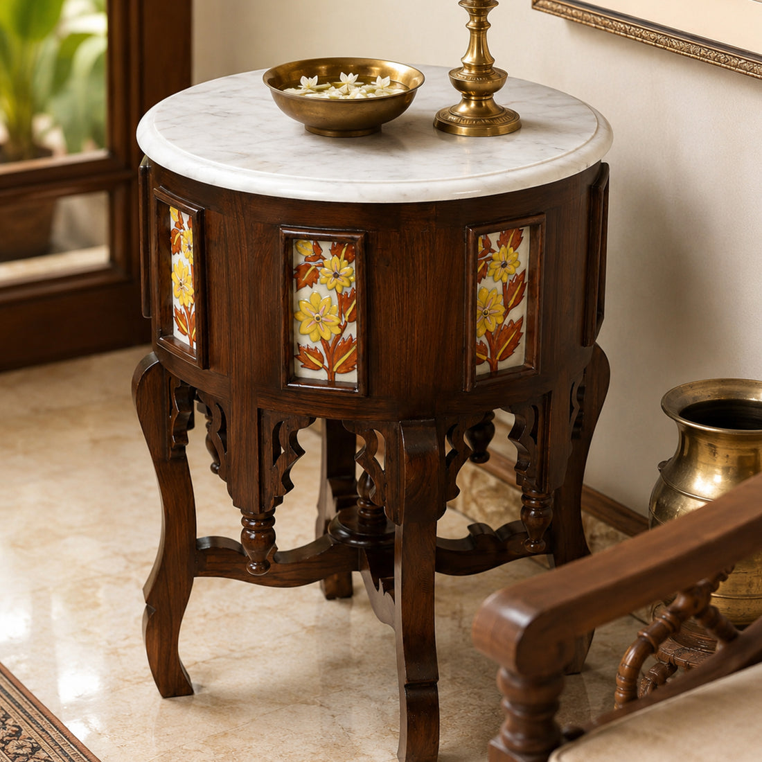 Fiama End Table in Teakwood with Walnut Finish and Round Marble Top (18x18x24)