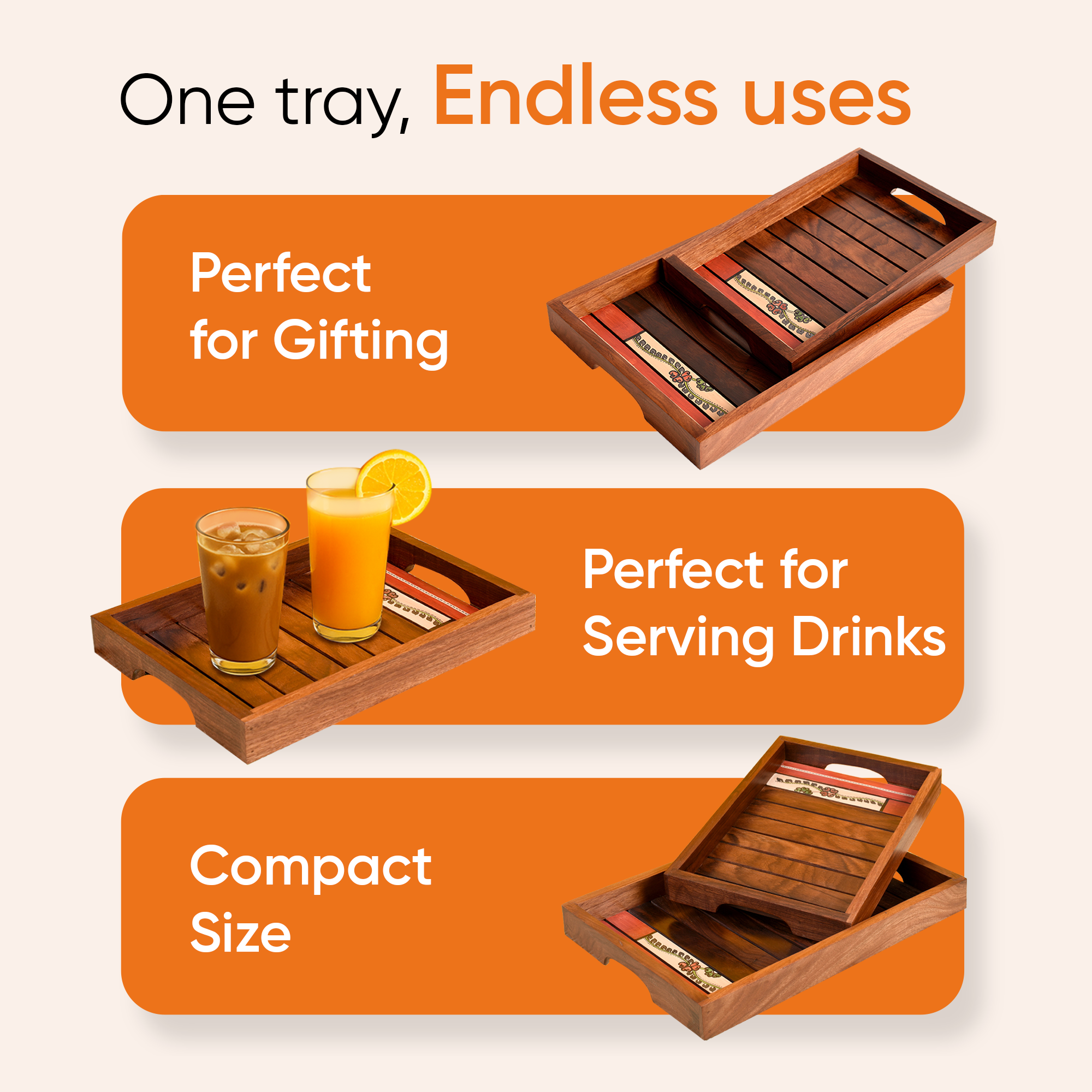 Trays with Flower Patterns Handcrafted in RoseWood (set of 2) (14x10/12x8.5")