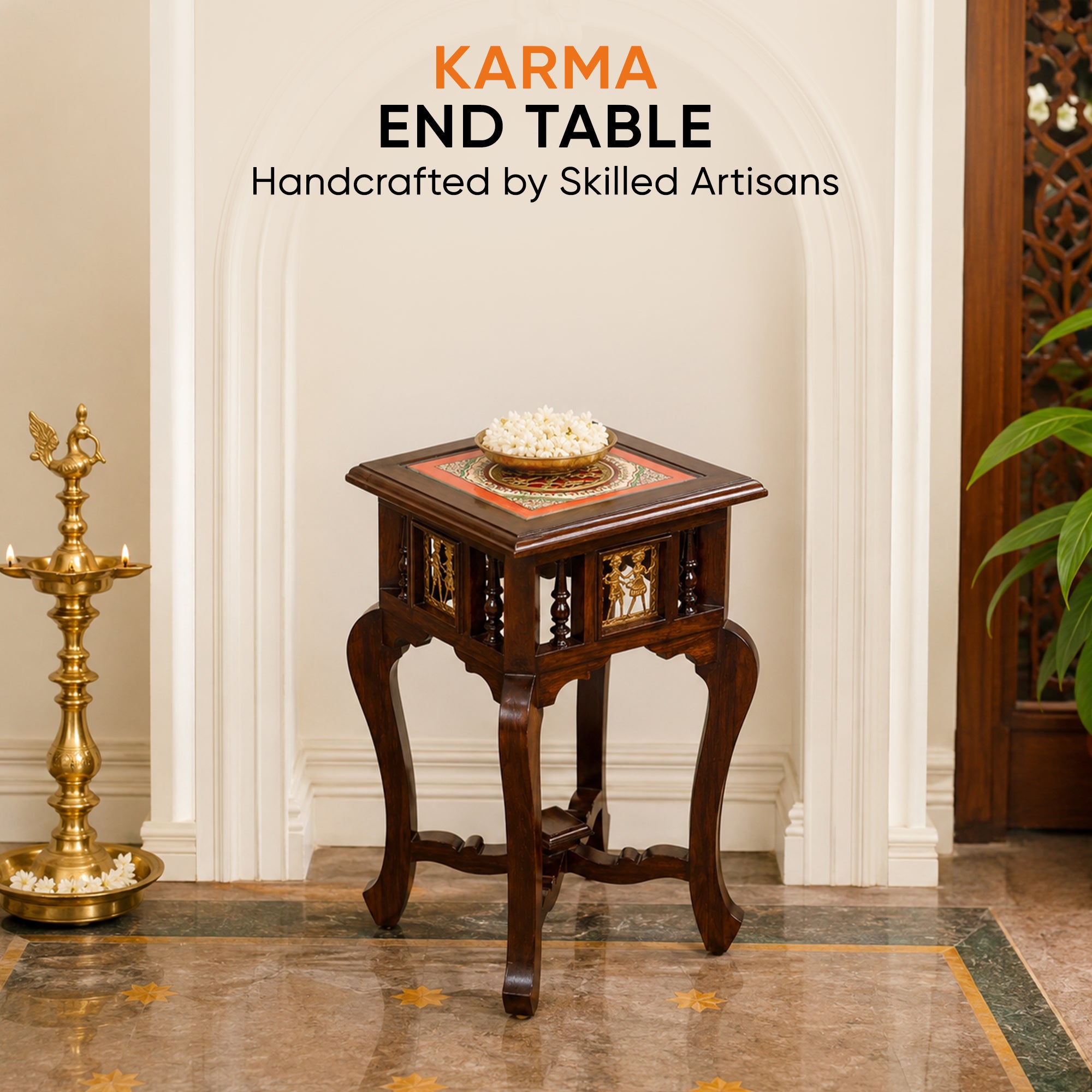 Karma End Table in Teakwood with Walnut Finish (14x14x24)