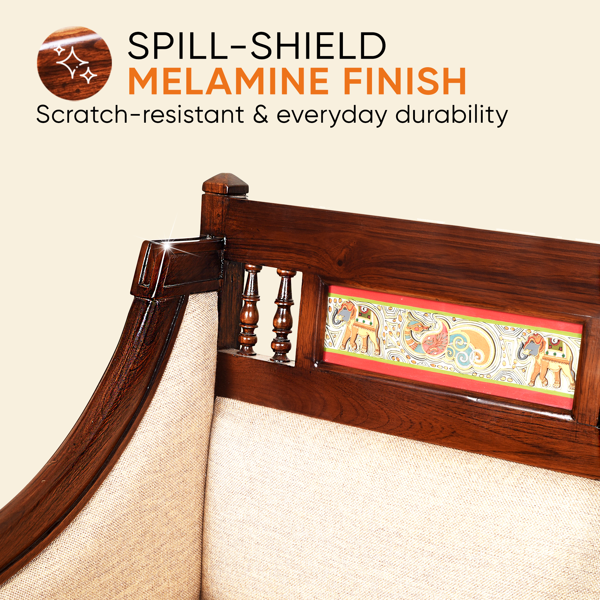 Maharani Single Seater Sofa in Teakwood with Walnut Finish adorned with Tribal Paintings