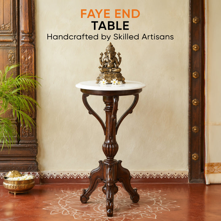 Faye End Table in Teakwood with Walnut Finish and Round Marble Top (15.5x15.5x29)