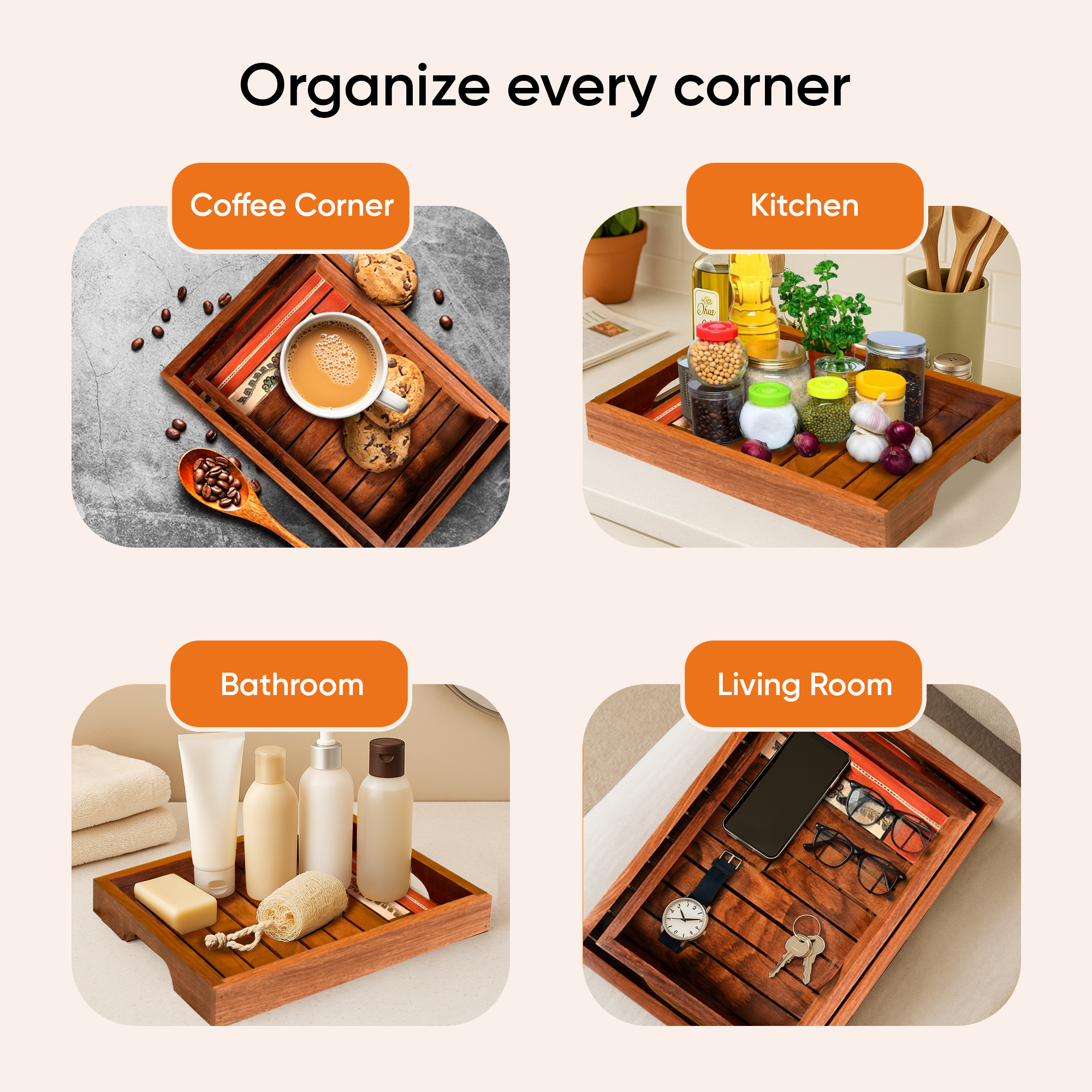 Trays with Flower Patterns Handcrafted in RoseWood (set of 2) (14x10/12x8.5")