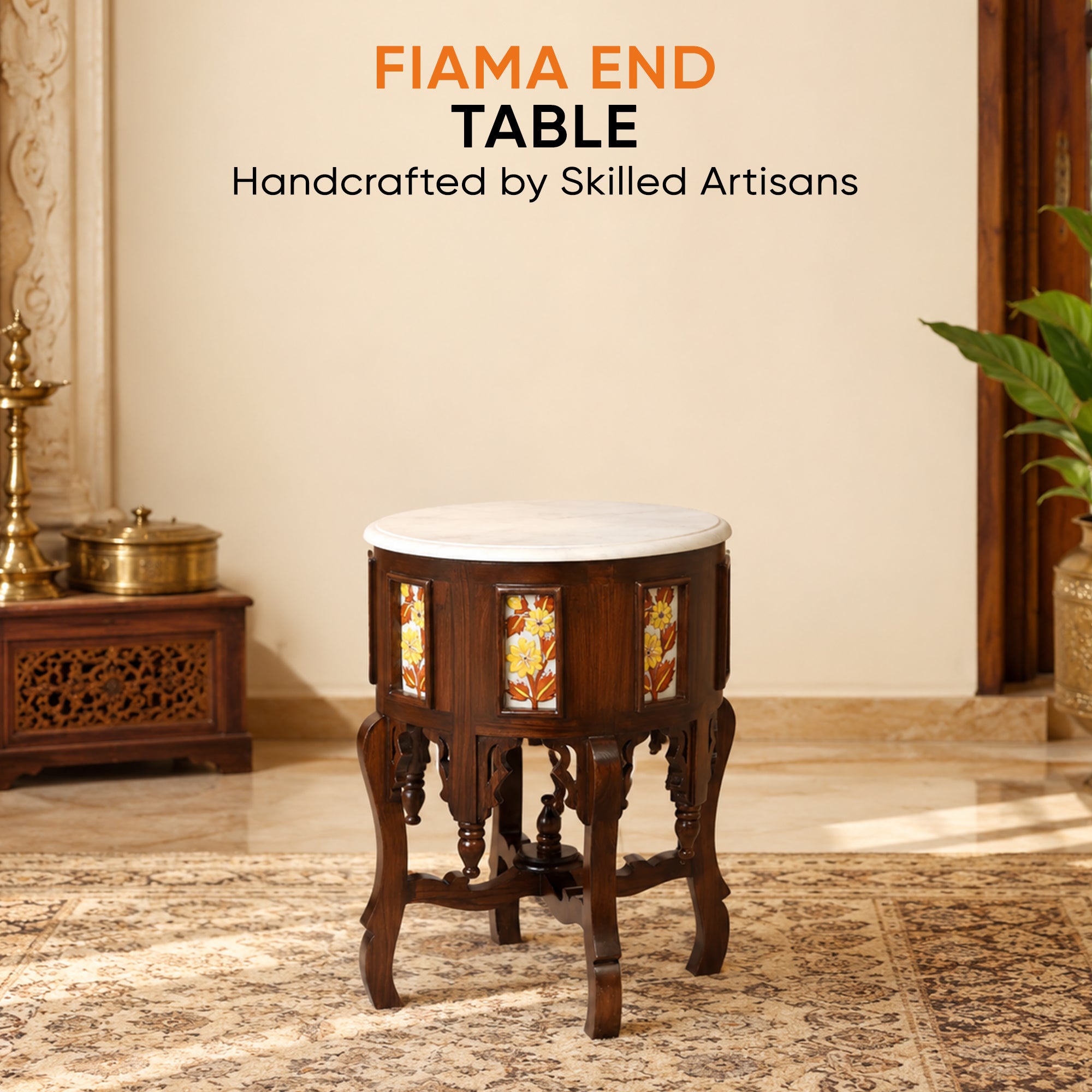 Fiama End Table in Teakwood with Walnut Finish and Round Marble Top (18x18x24)