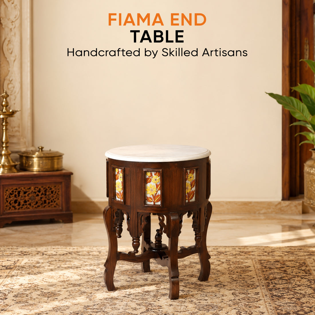 Fiama End Table in Teakwood with Walnut Finish and Round Marble Top (18x18x24)