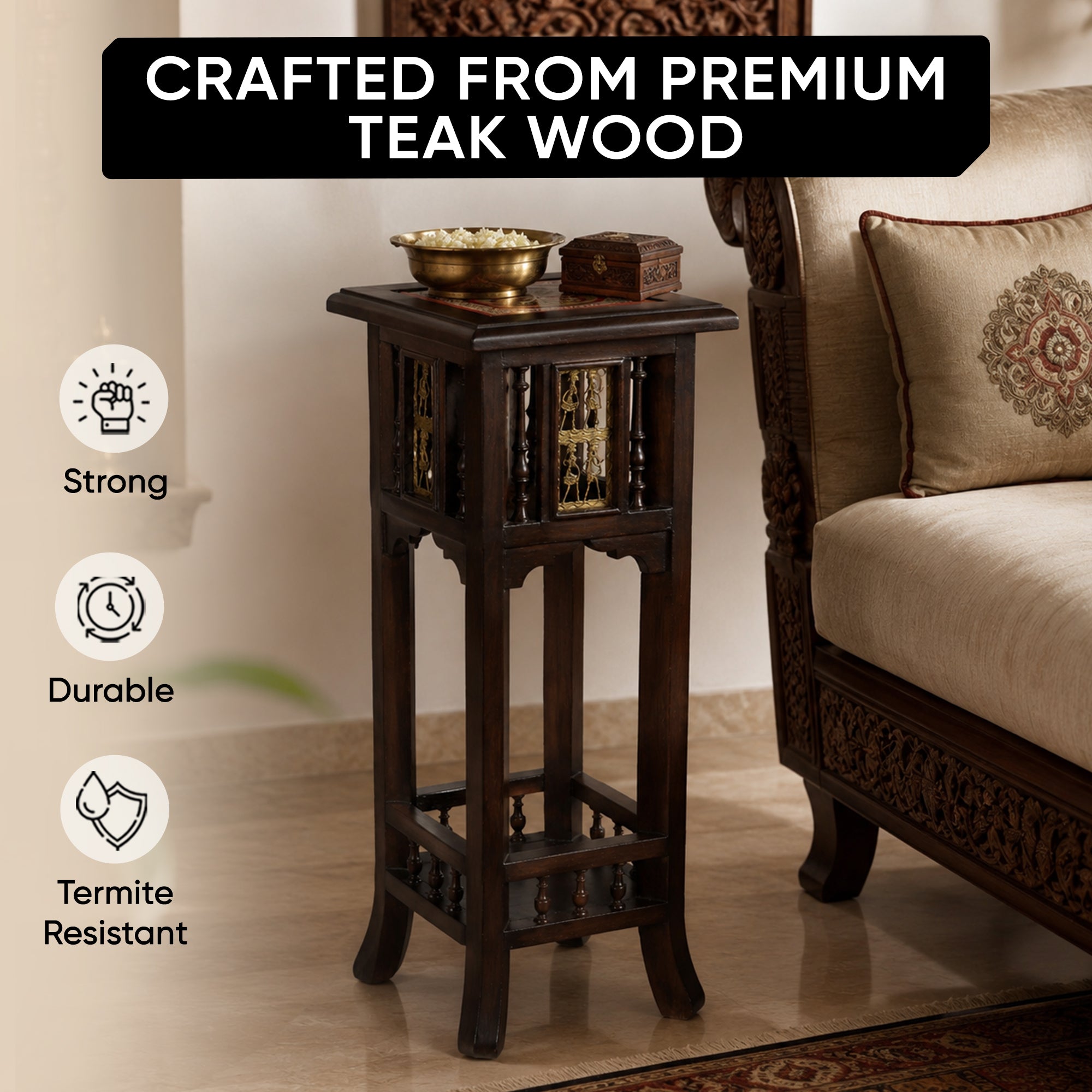 Nyra-II Planter Table in Teakwood with Walnut Finish (12x12x30)
