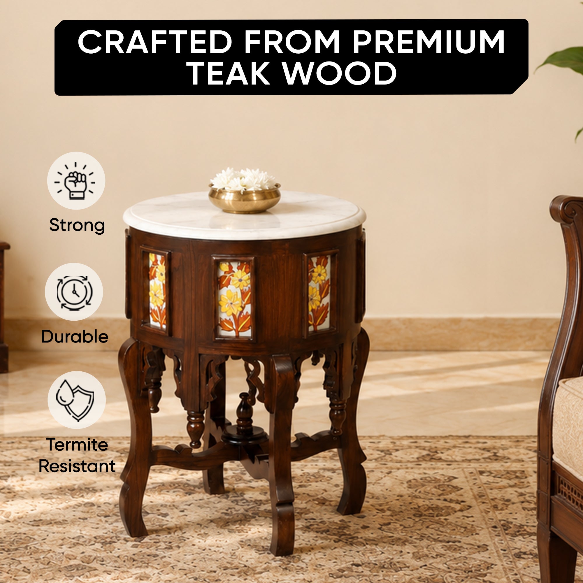 Fiama End Table in Teakwood with Walnut Finish and Round Marble Top (18x18x24)