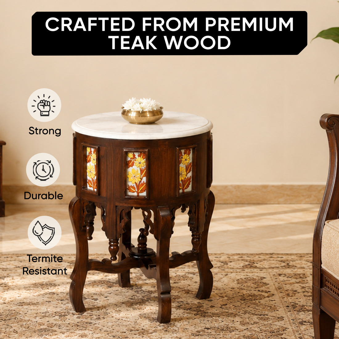 Fiama End Table in Teakwood with Walnut Finish and Round Marble Top (18x18x24)