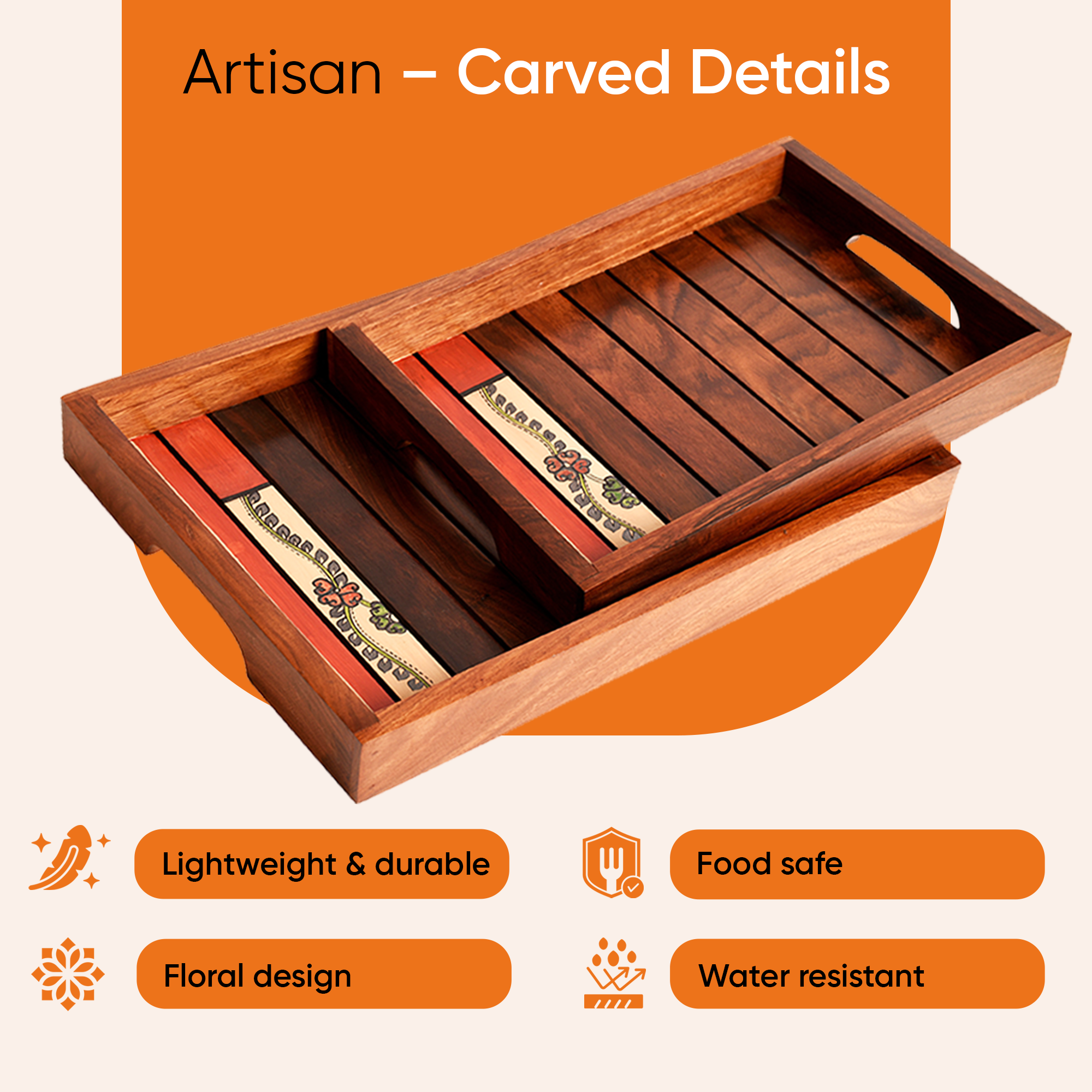 Trays with Flower Patterns Handcrafted in RoseWood (set of 2) (14x10/12x8.5")