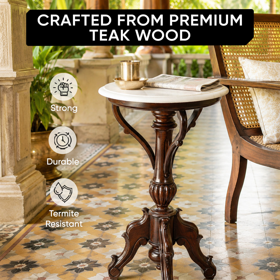 Faye End Table in Teakwood with Walnut Finish and Round Marble Top (15.5x15.5x29)