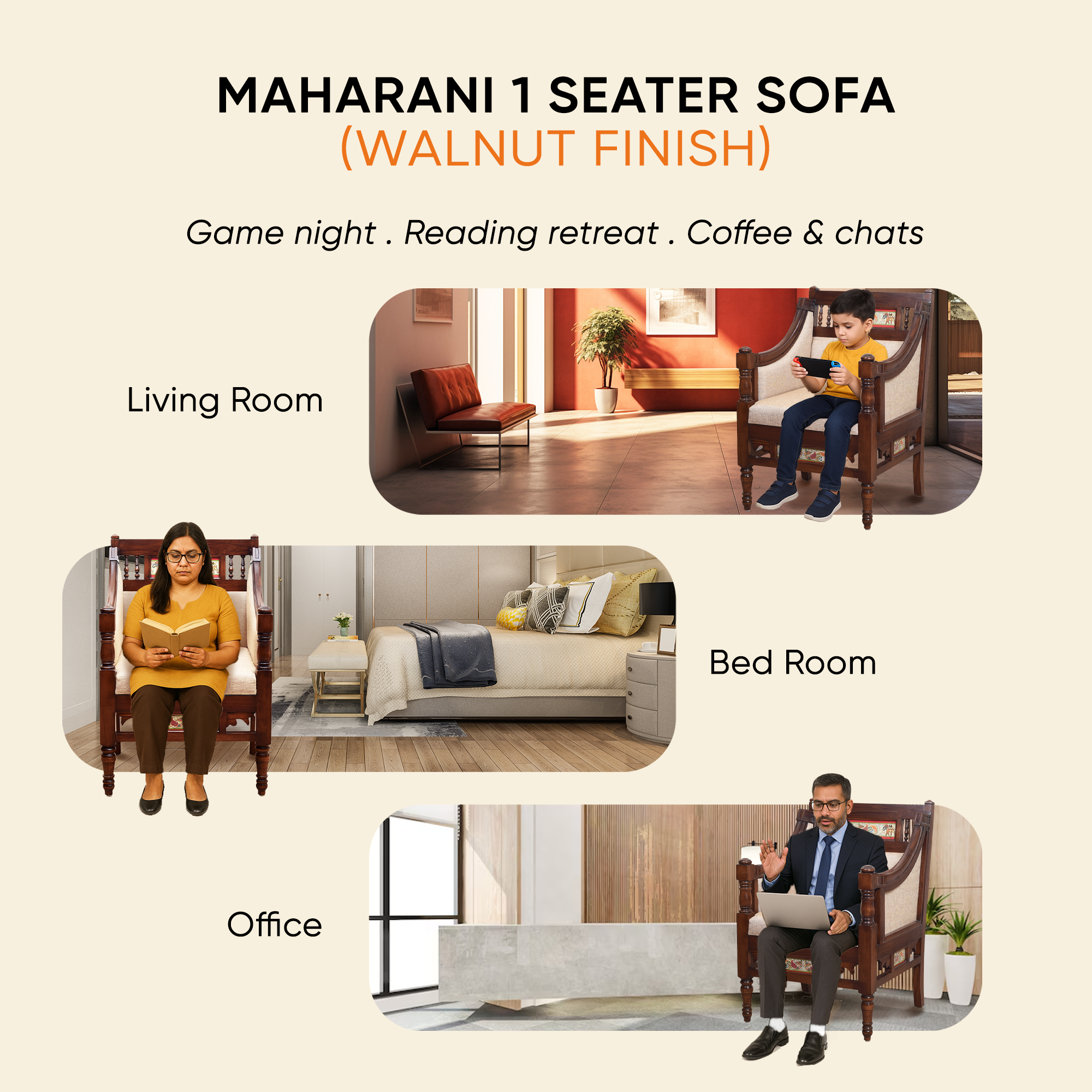 Maharani Single Seater Sofa in Teakwood with Walnut Finish adorned with Tribal Paintings