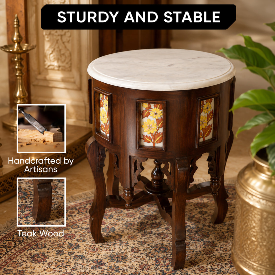Fiama End Table in Teakwood with Walnut Finish and Round Marble Top (18x18x24)