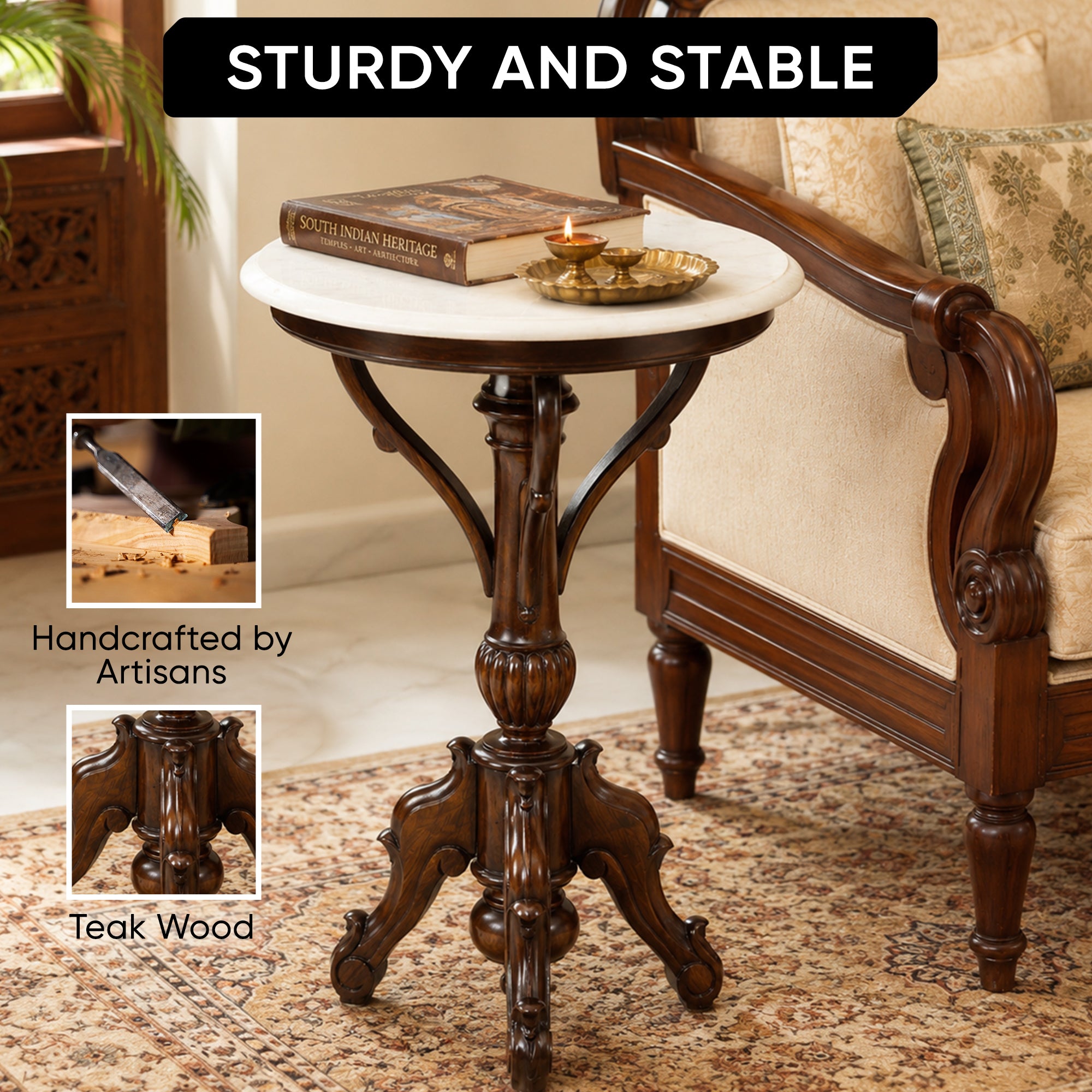 Faye End Table in Teakwood with Walnut Finish and Round Marble Top (15.5x15.5x29)