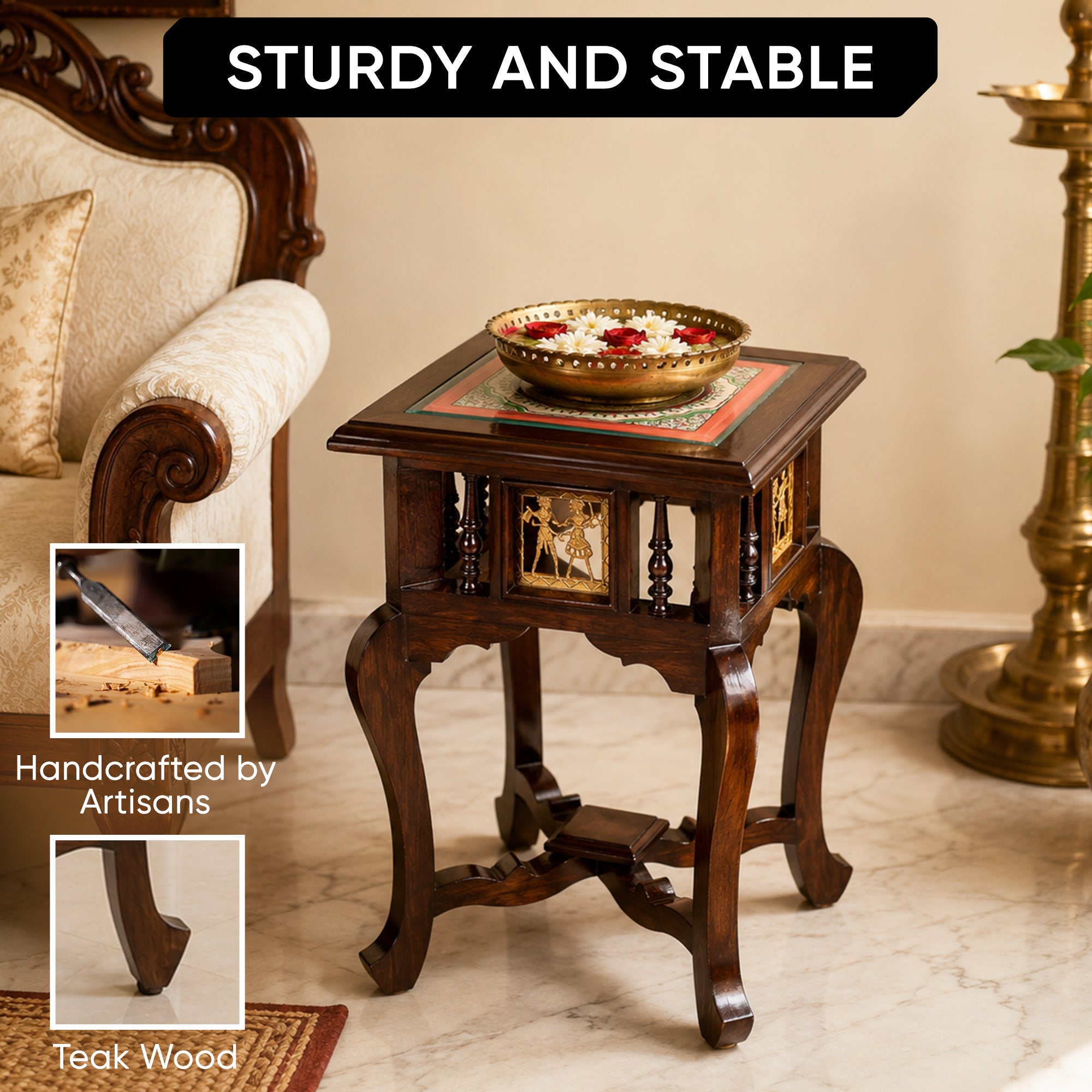 Karma End Table in Teakwood with Walnut Finish (14x14x24)