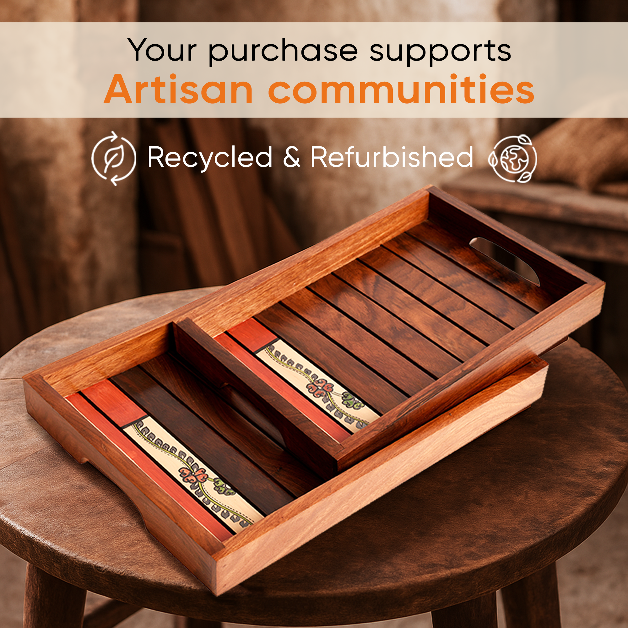 Trays with Flower Patterns Handcrafted in RoseWood (set of 2) (14x10/12x8.5")