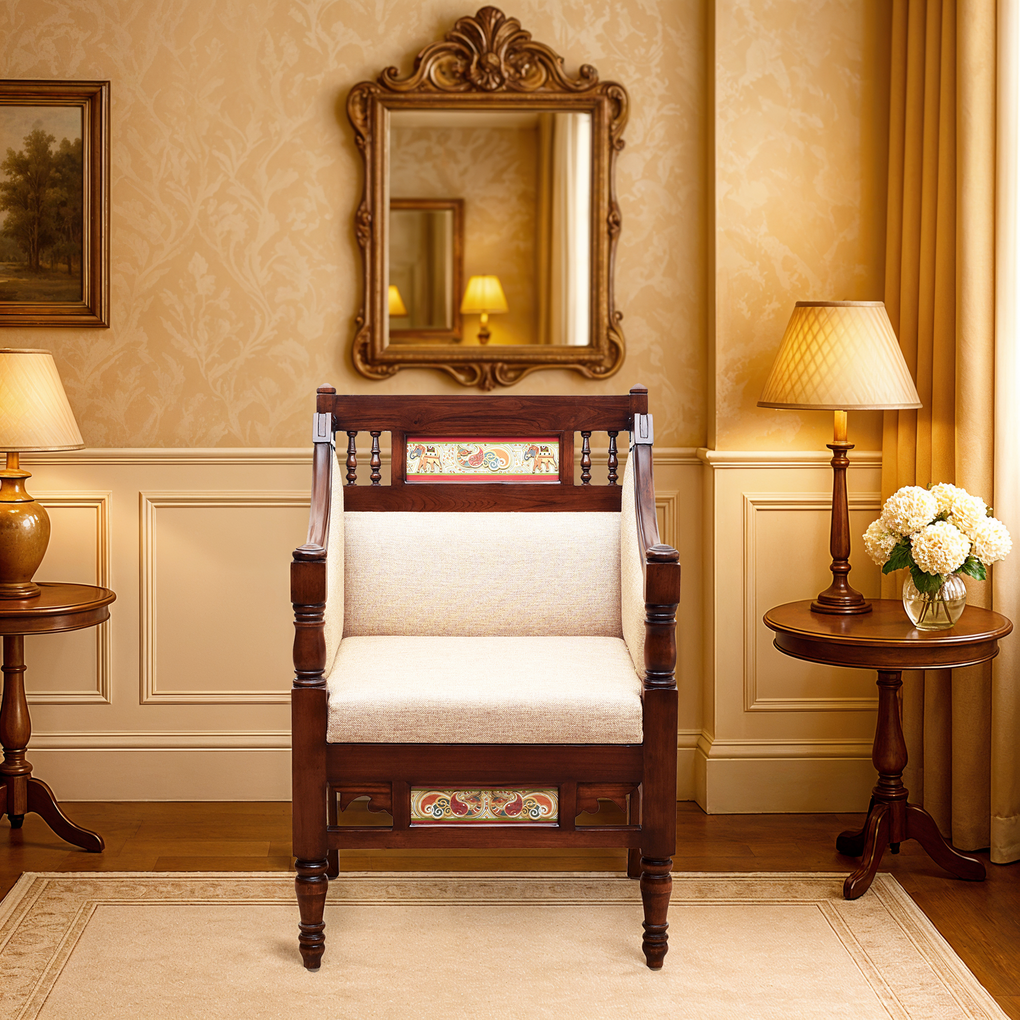 Maharani Single Seater Sofa in Teakwood with Walnut Finish adorned with Tribal Paintings