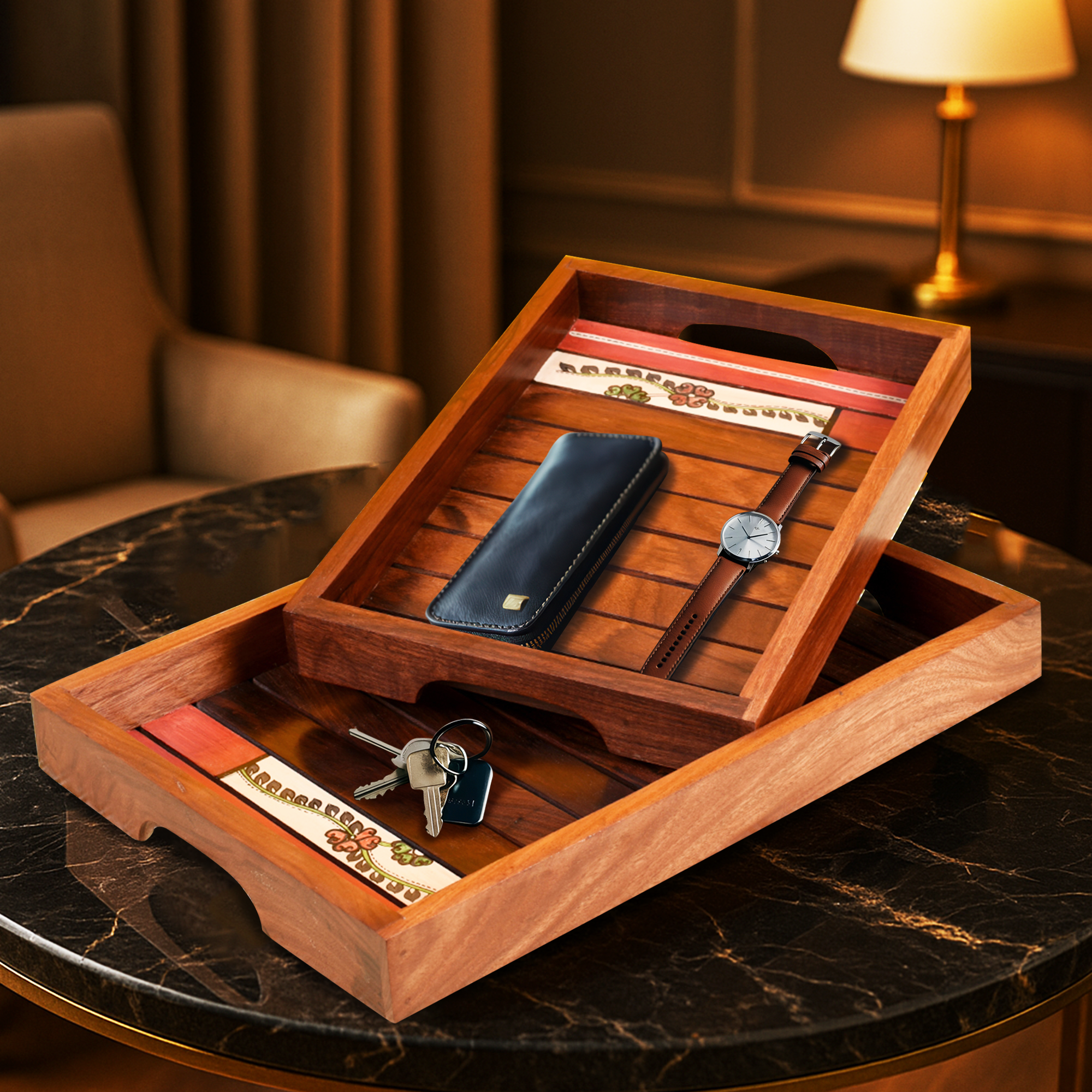 Trays with Flower Patterns Handcrafted in RoseWood (set of 2) (14x10/12x8.5")