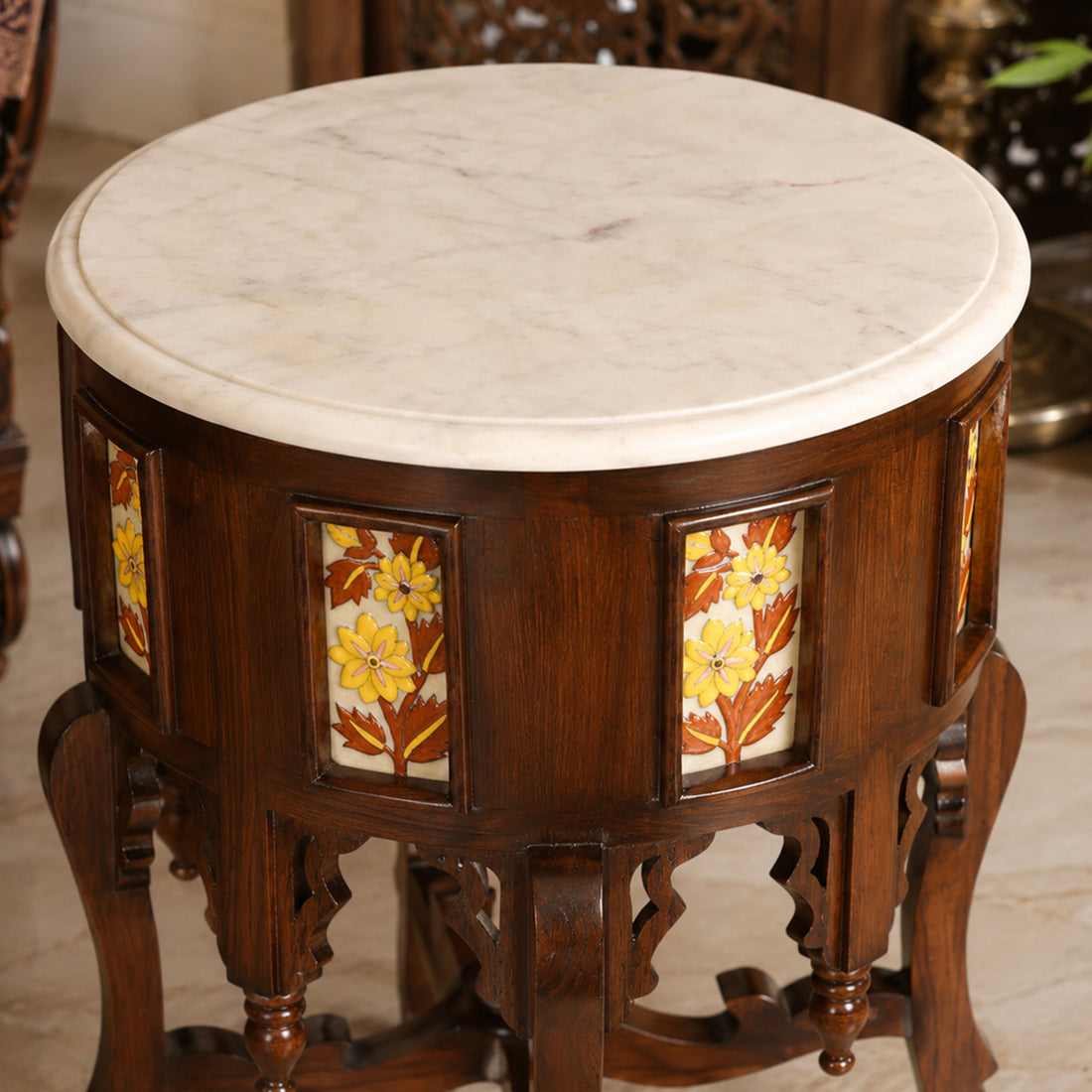 Fiama End Table in Teakwood with Walnut Finish and Round Marble Top (18x18x24)