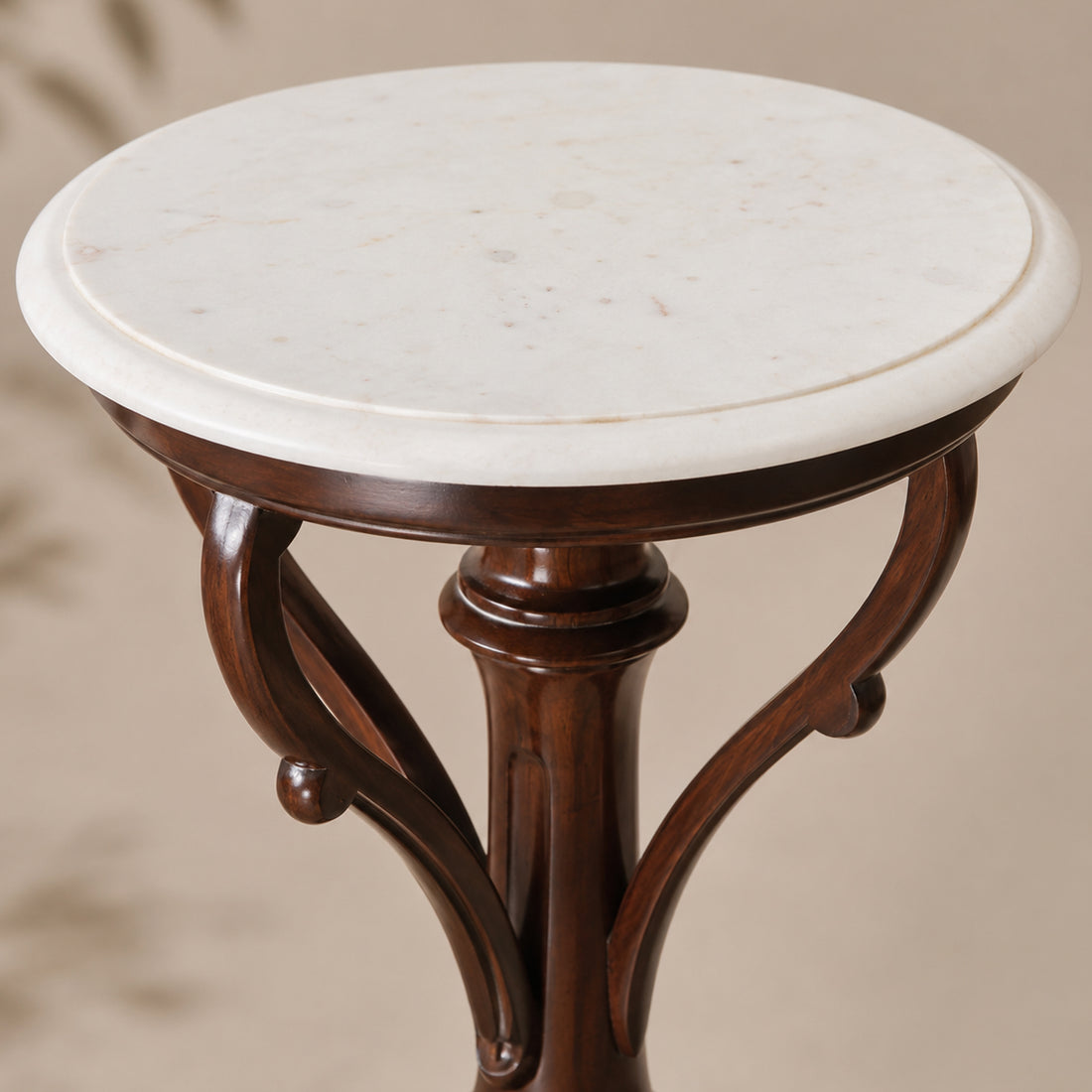 Faye End Table in Teakwood with Walnut Finish and Round Marble Top (15.5x15.5x29)