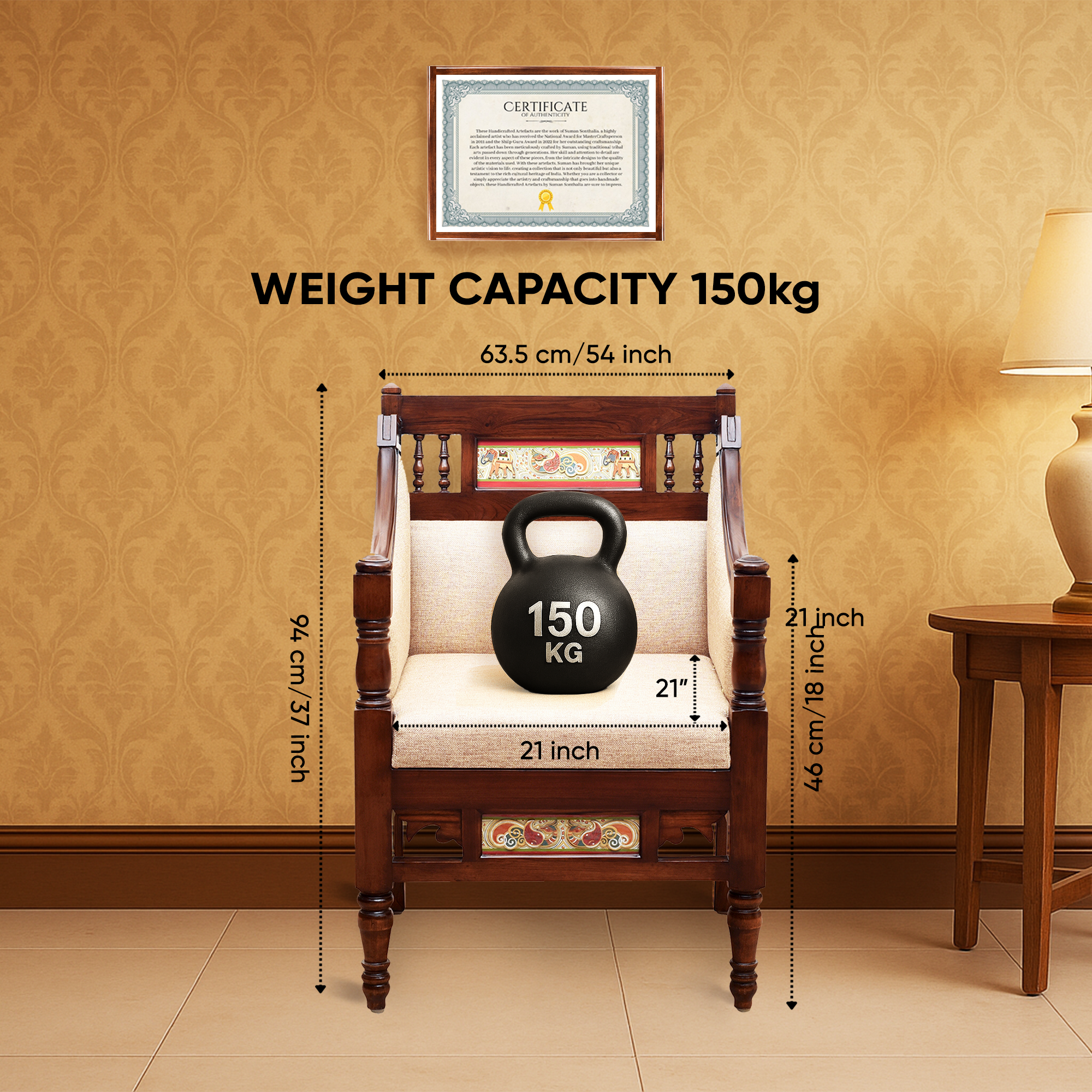 Maharani Single Seater Sofa in Teakwood with Walnut Finish adorned with Tribal Paintings