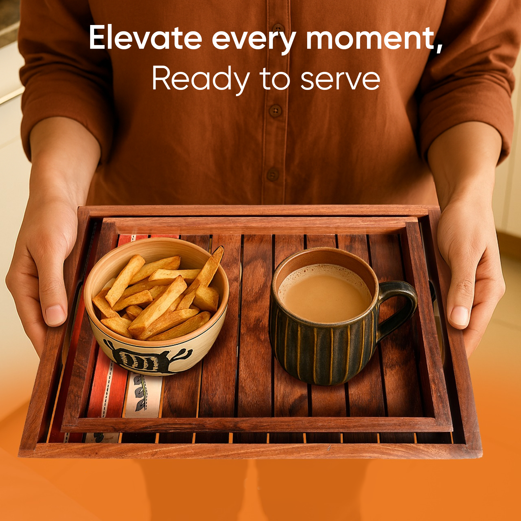 Trays with Flower Patterns Handcrafted in RoseWood (set of 2) (14x10/12x8.5")