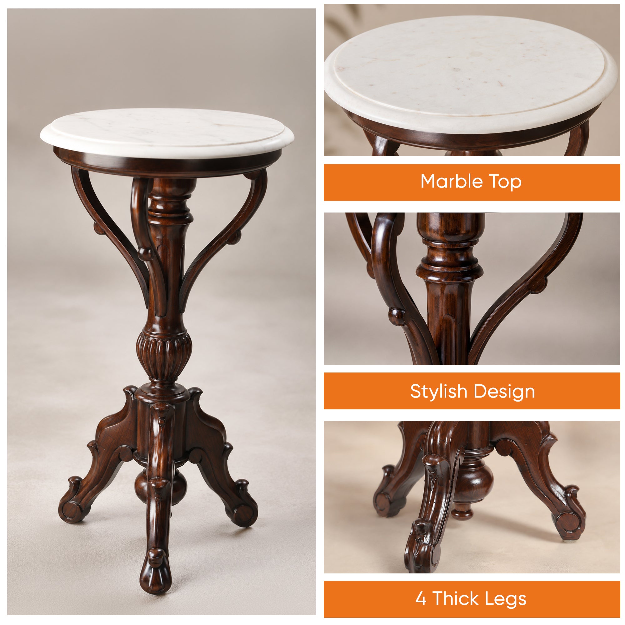 Faye End Table in Teakwood with Walnut Finish and Round Marble Top (15.5x15.5x29)